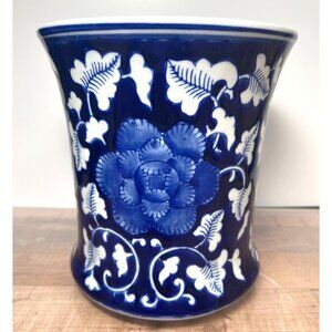 Vintage Blue & White Ceramic Waste Basket With Floral Pattern
